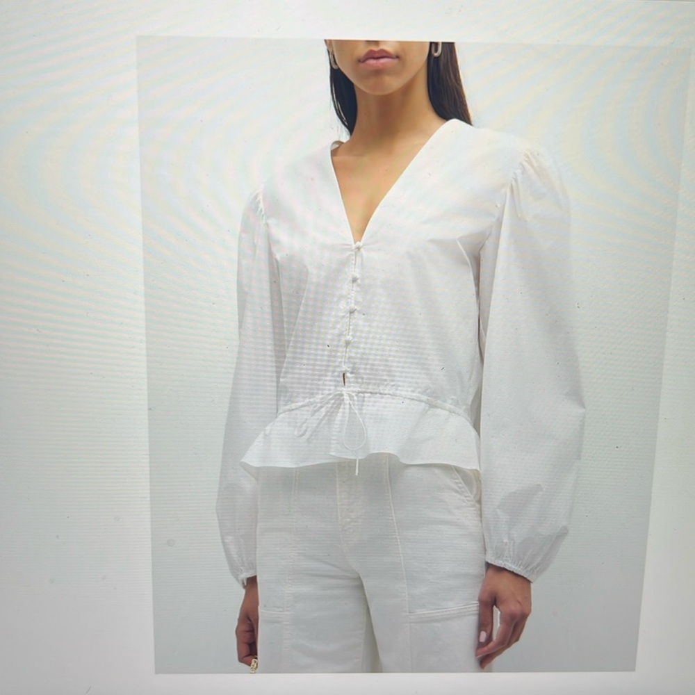 FRAME Cinched Organic Cotton V-Neck Blouse. SZ XS. Color White.